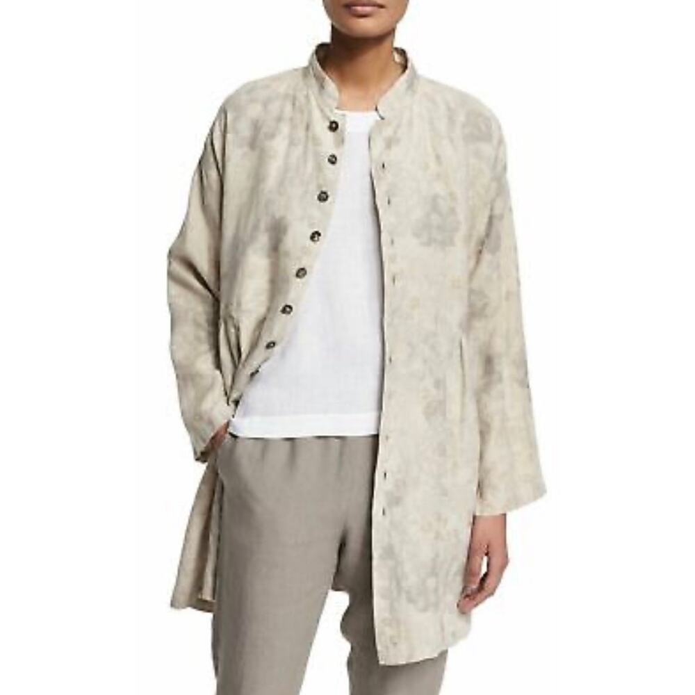 Eskandar Jacket Womens 0 Natural Floral Button Linen A-Line Pockets Lagenlook